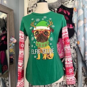 Green 'Elfie Selfie' Pug Christmas shirt